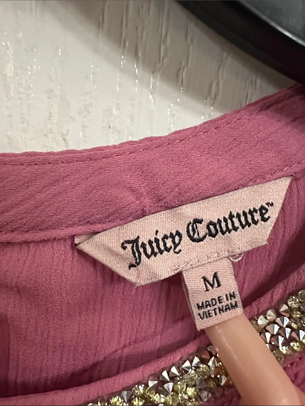 Juicy Couture Rose Pink Ruffle Short-Sleeve Blouse with Jeweled Neckline